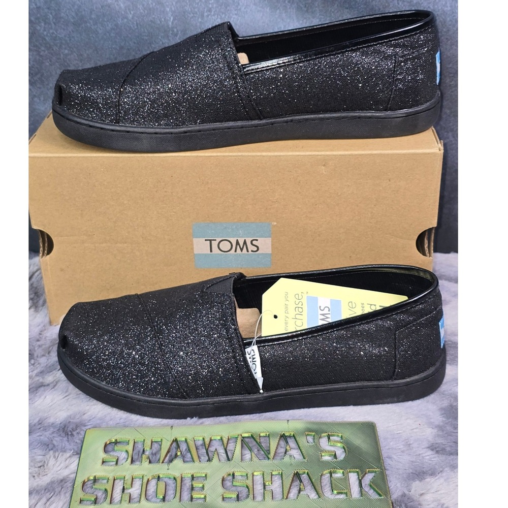 NWB TOMS Classic Alpargata Black Glimmer Glitter Slip On Youth Size 5.5